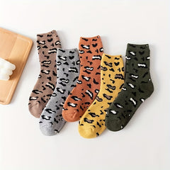 5 Pairs Leopard Print Socks Comfy Mid Tube Women's Stockings