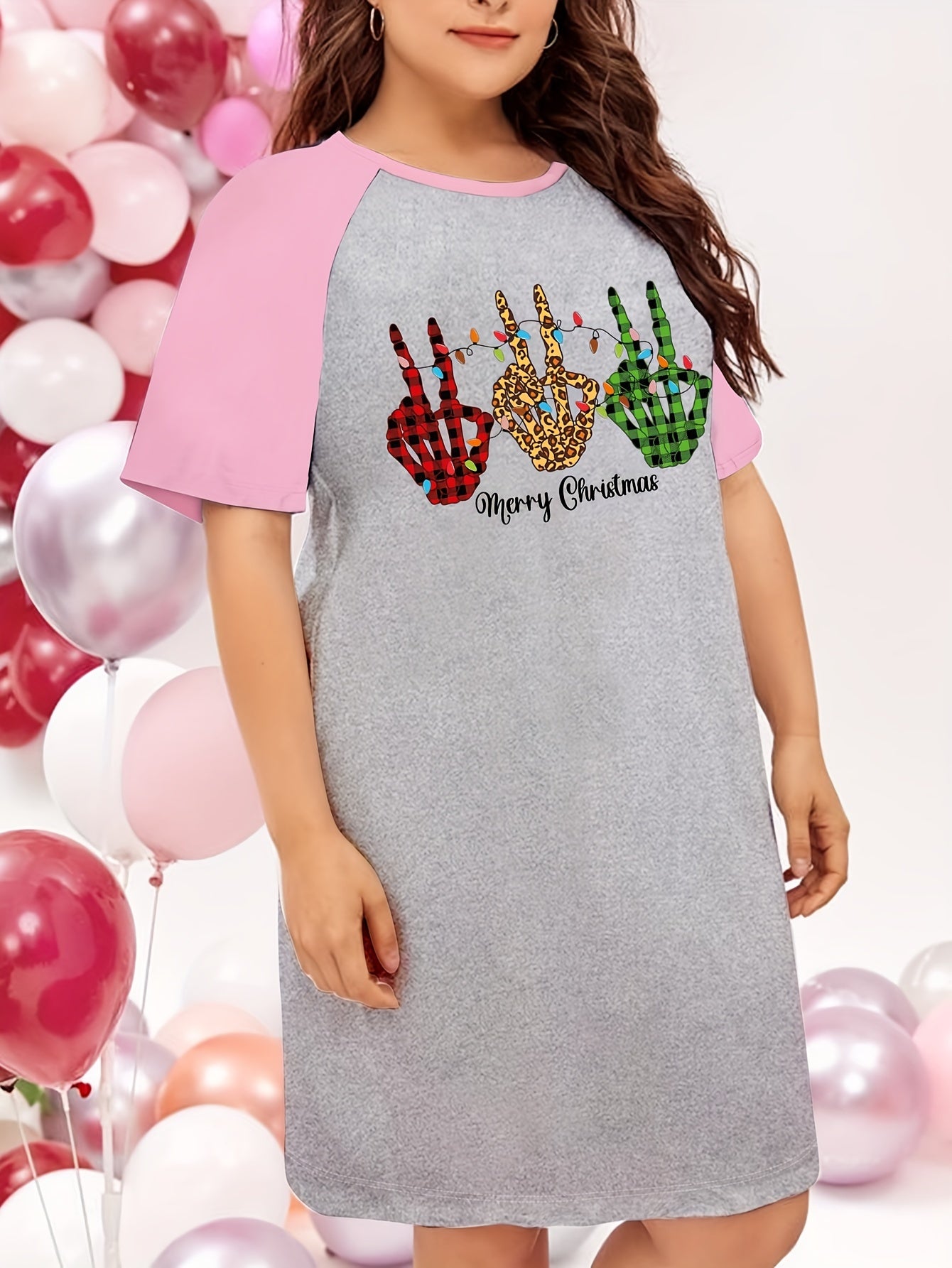 Christmas Skeleton Hand & String Lights Print Raglan Tee Sleep Dress