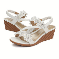 Women's Rhinestone & Flowers Wedge Sandals Slip On Platform Sandals