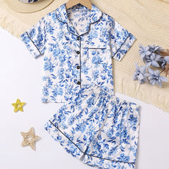 Girls Flowers Print Pajamas Set V Neck Button Top & Elastic Waist Shorts