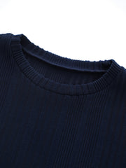 Solid Ribbed Button Sweater Round Neck Jumper