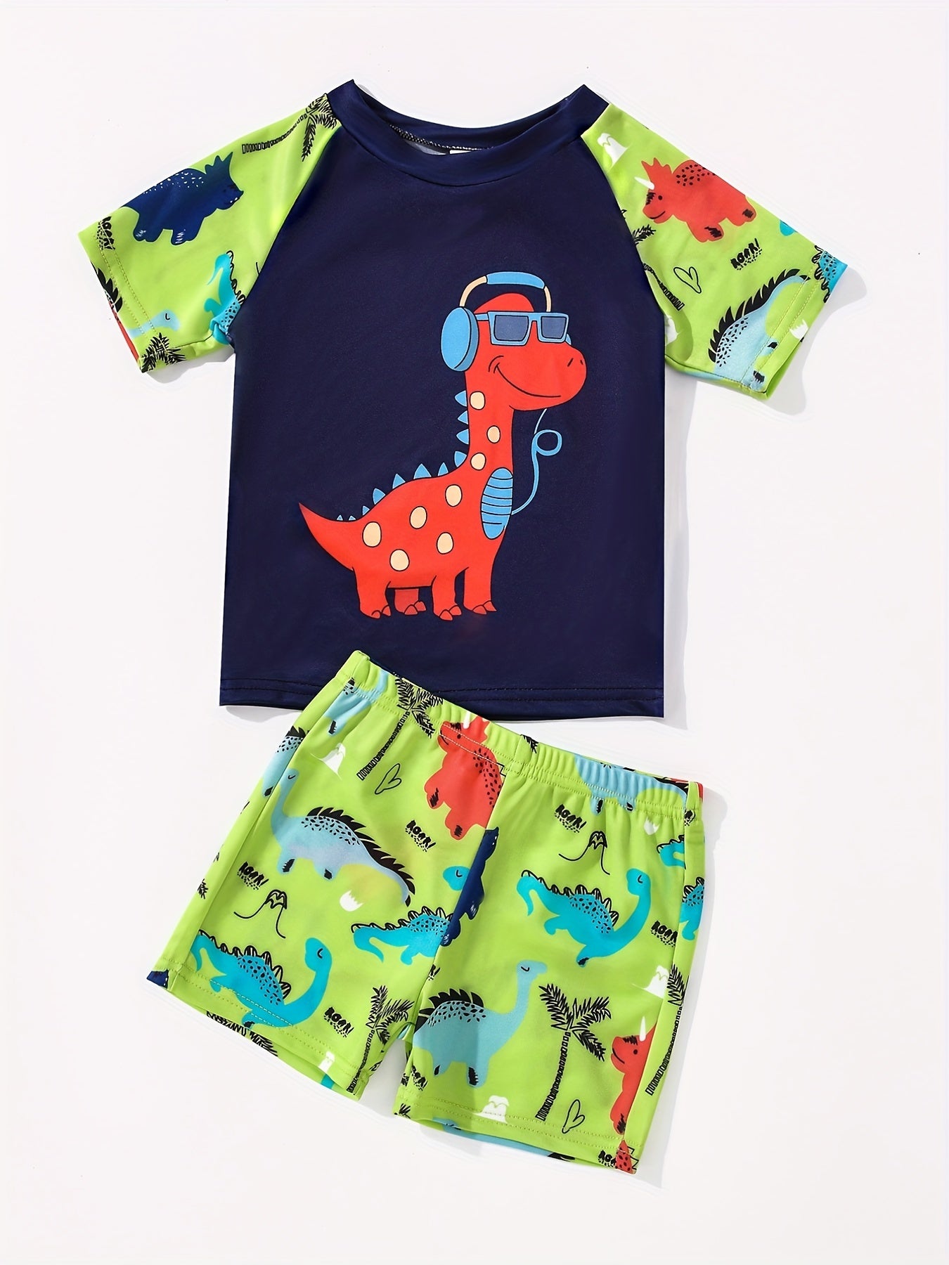 Kid's Swim Trunks & Tops 2pcs Dino Music Print, Beach Vacation Casual Set