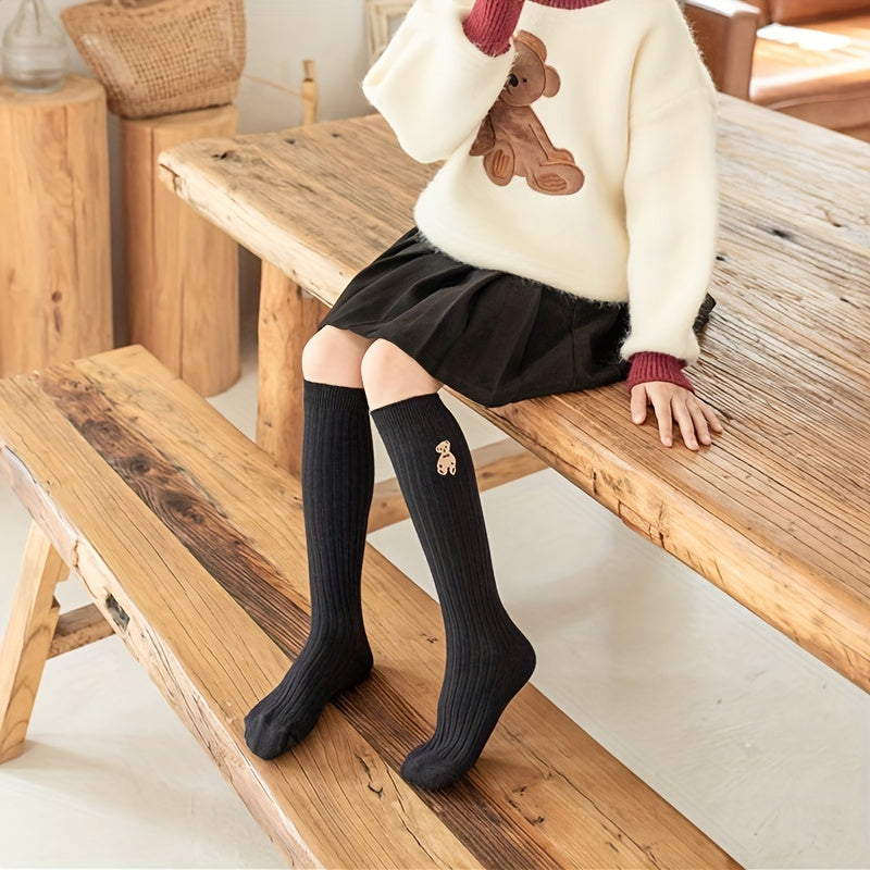 Girls Cartoon Bear Cotton Blend Knee High Socks - Striped Stockings