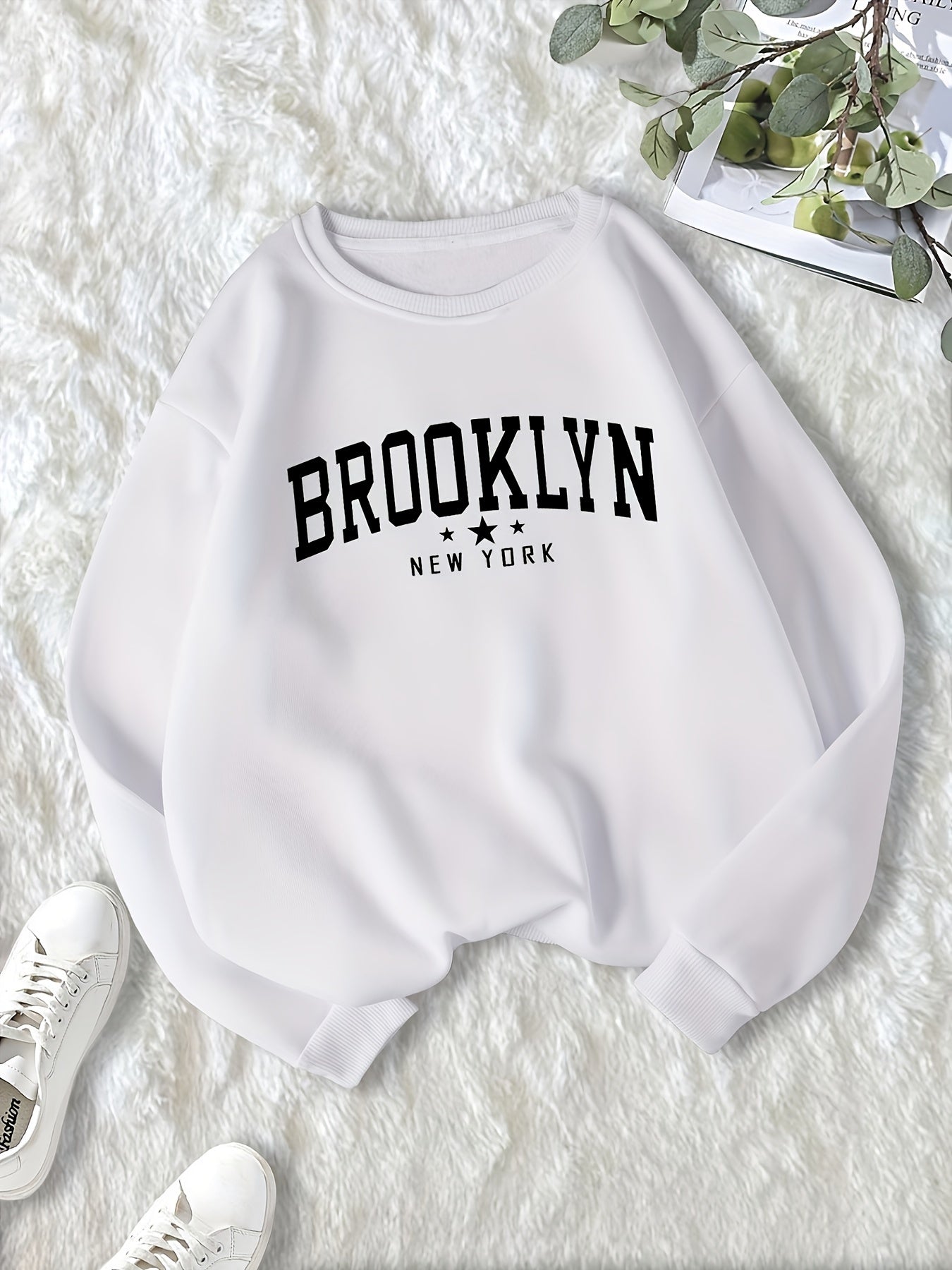 Letter & Star Print Pullover Crew Neck Sweatshirt