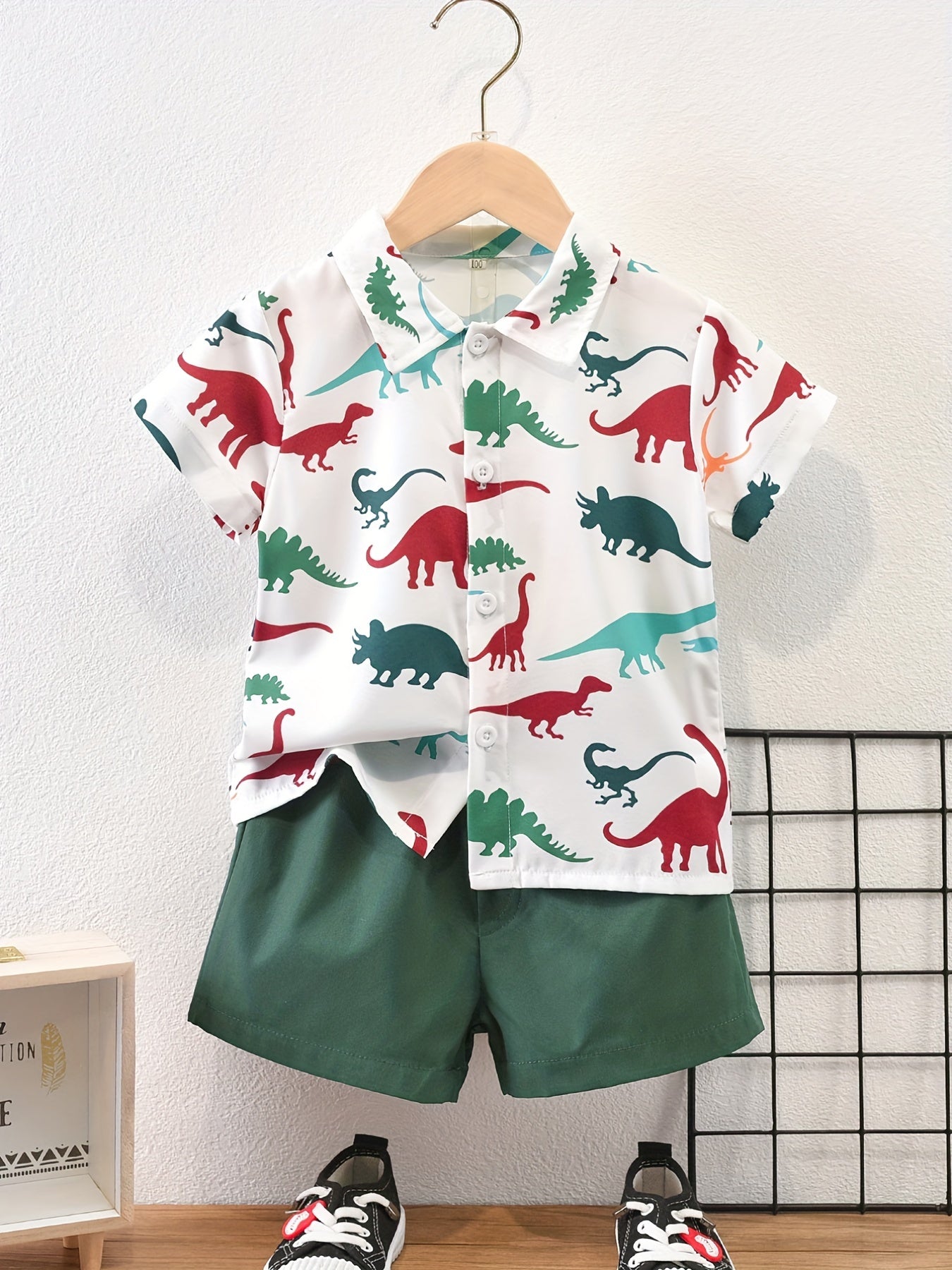 Boy's Dino 2pc Shirt & Shorts Set Kids Casual Summer Outfit