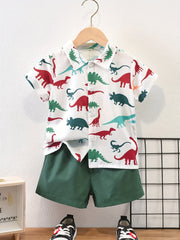 Boy's Dino 2pc Shirt & Shorts Set Kids Casual Summer Outfit