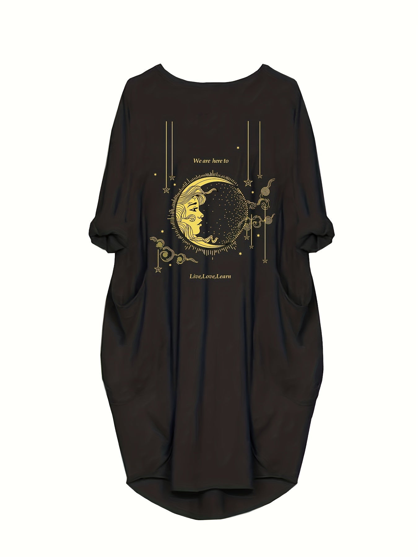 Women's Plus Moon & Sun Print Roll Up Sleeve Round Neck Dress