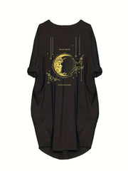Women's Plus Moon & Sun Print Roll Up Sleeve Round Neck Dress