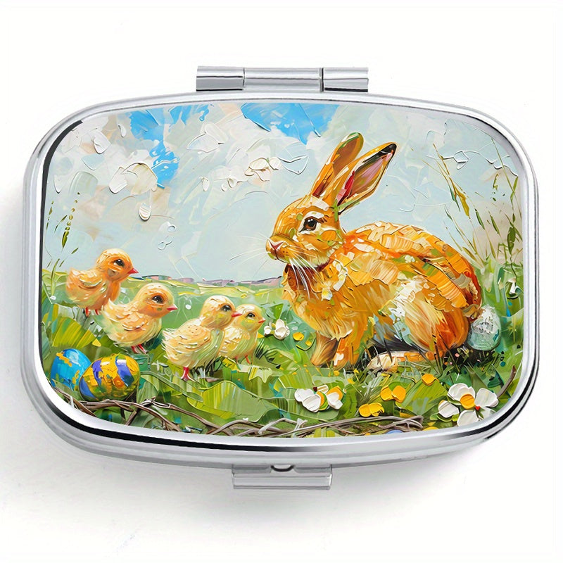 Easter Bunny Print Pill Organizer 2 Compartment Metal Case for Travel & Outdoor