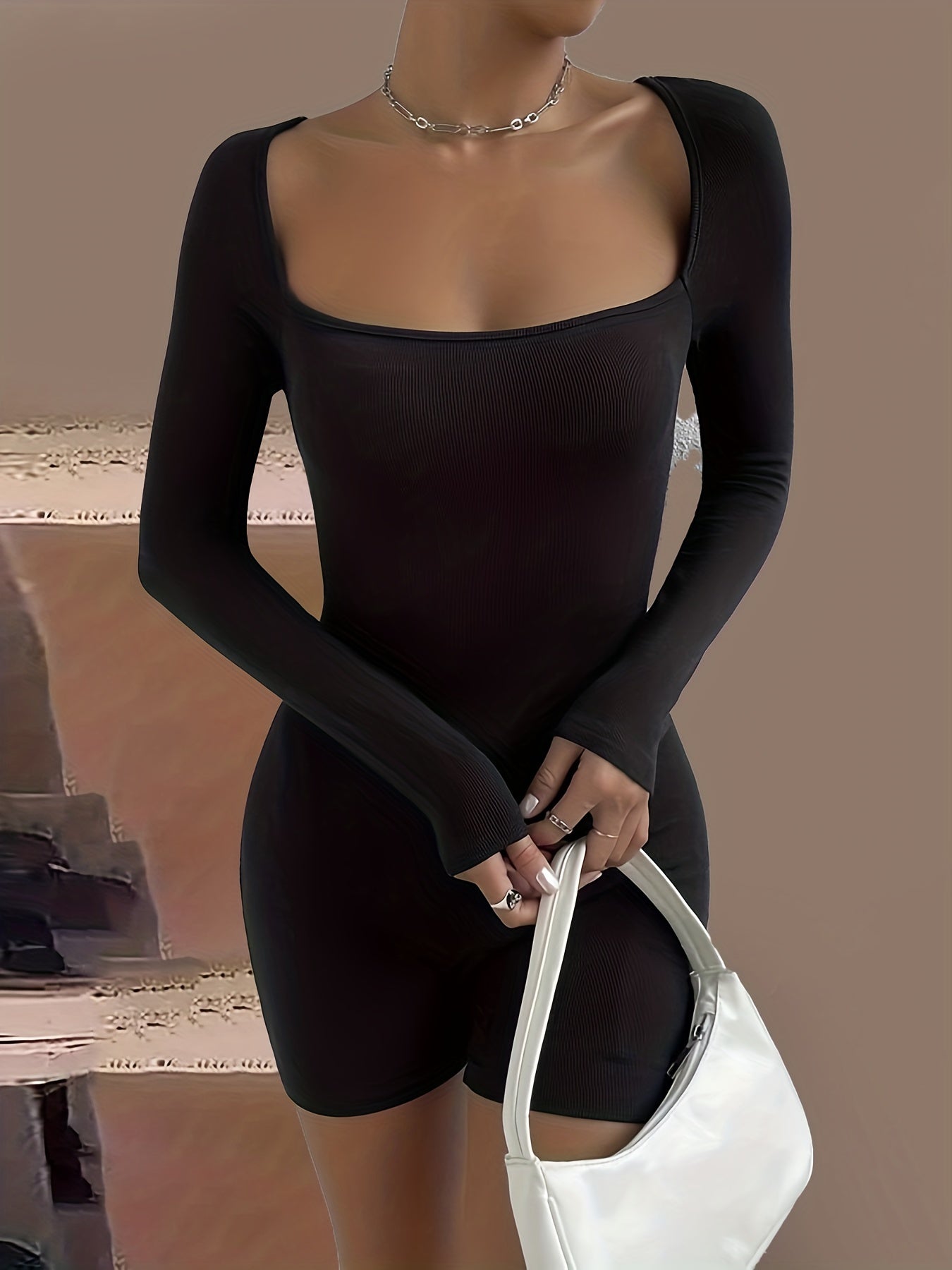 Solid Squared Neck Romper Casual Long Sleeve Bodycon Romper Women's Clothing