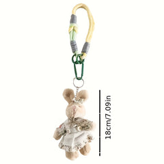 Bunny Keychain Plush Toy with Floral Dress & Green Leaves Bag Charm