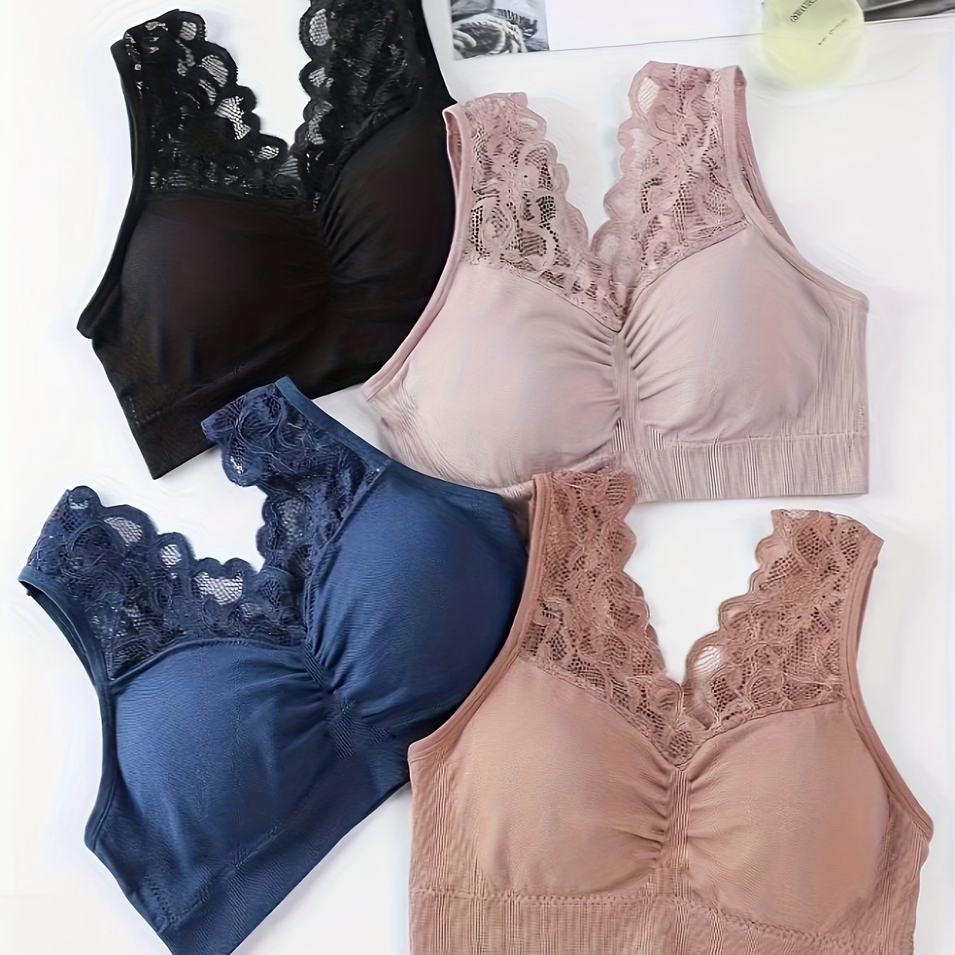 4pcs Wireless Lace Bras Scallop Trim Lingerie