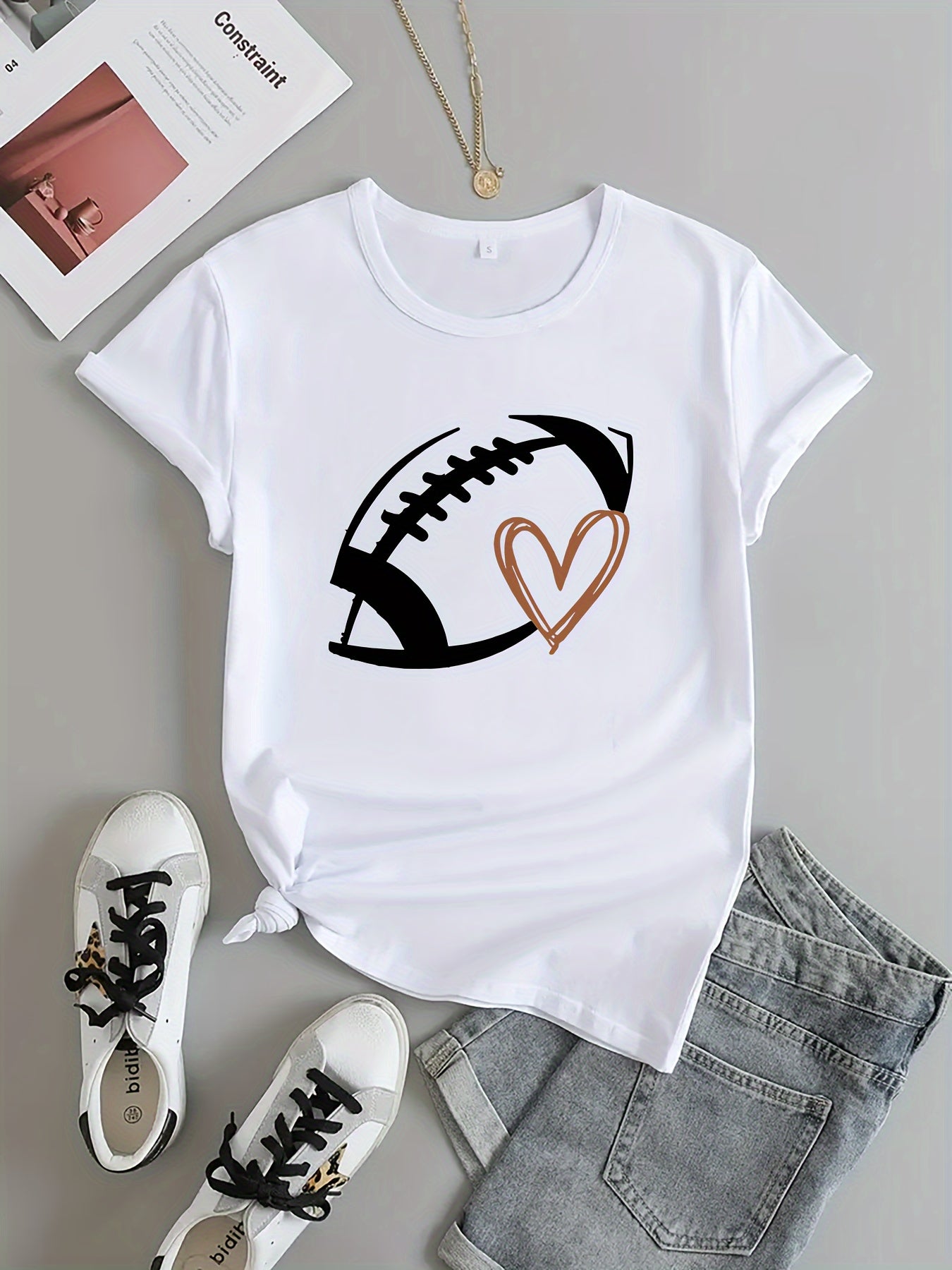 Football Heart Graphic Sports T-shirt Workout Top