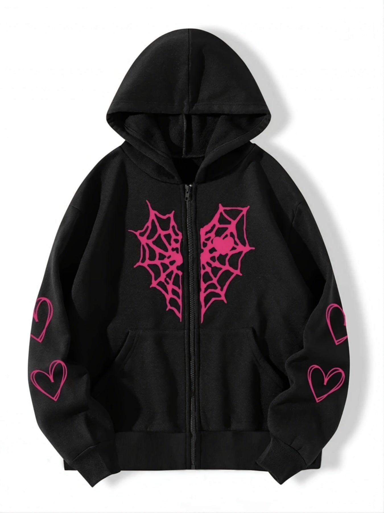 Heart Print Drawstring Hoodie Zip Sweatshirt