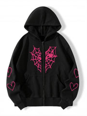 Heart Print Drawstring Hoodie Zip Sweatshirt