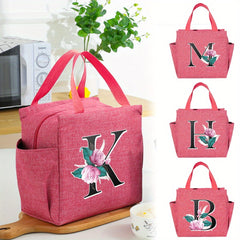 Floral Initial Insulated Lunch Bag Pink High Capacity Thermal Cooler Tote
