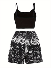 Gothic Skull Print Cami Top & Shorts Set