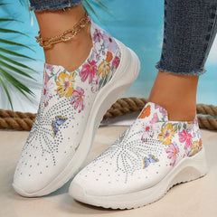 Women's Rhinestone Platform Sneakers Casual Flower & Butterfly Shoes