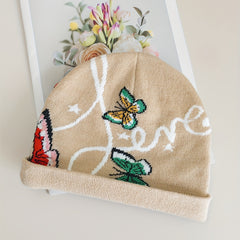 Butterfly Jacquard Beanie Khaki Soft Elastic Knit Hats For Women