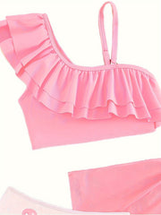 Girls Flamingo Graphic Ruffle Trim Bathing Suit Set