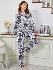 Women's Leaves Print Warm Long Sleeve Pajama Set