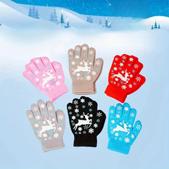 Kids Winter Elk Print Knitted Gloves, 3-6 Years