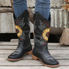 Women's Embroidered Mid Calf Western Boots Faux Leather Boots