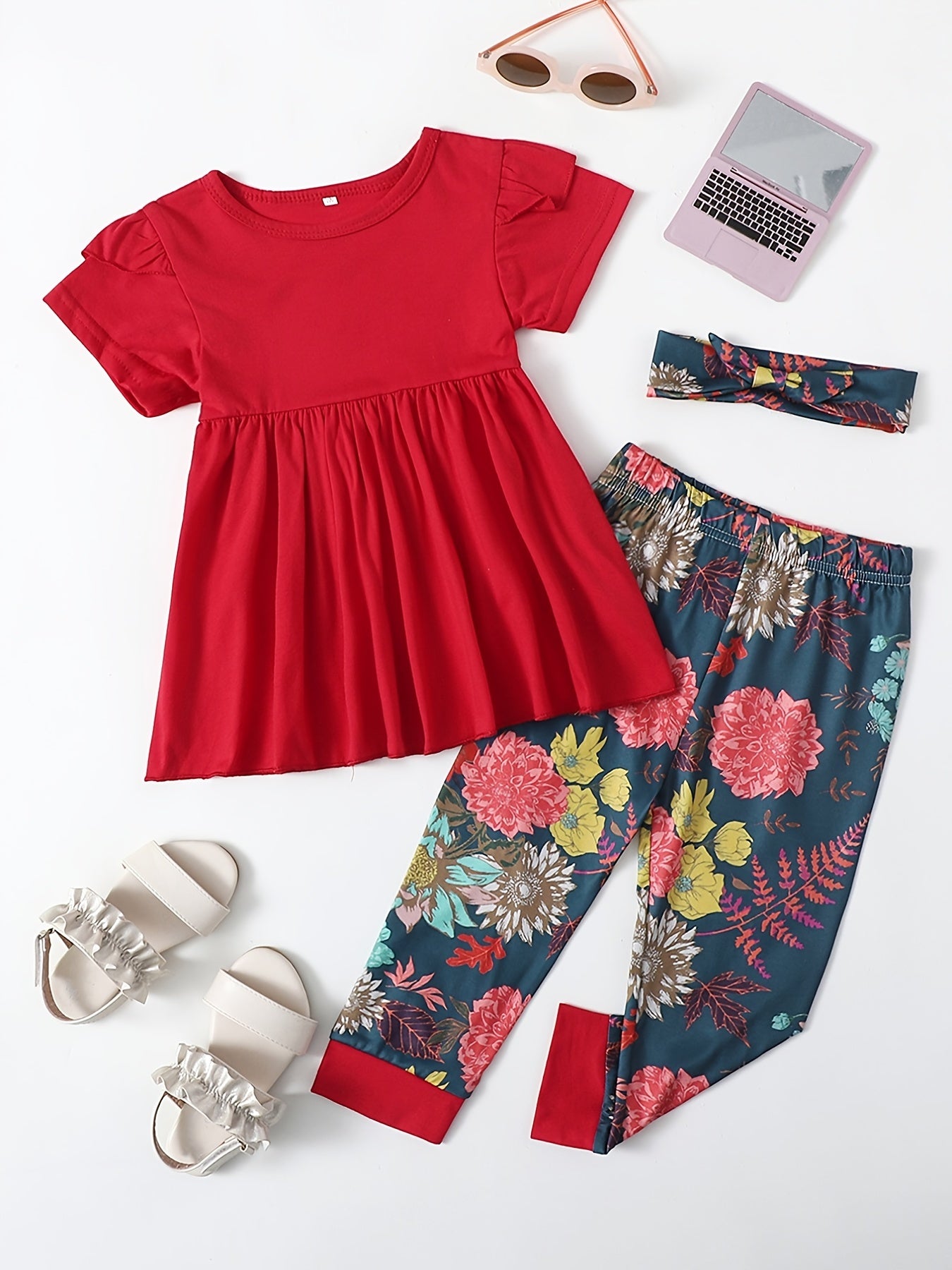 Girls Peplum Top & Flower Pants Set with Headband