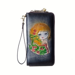 Handcrafted Leather Women's Wallet Floral & Illustration Zipper