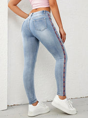 Geometric Pattern Embroidery Skinny Jeans Slash Pocket Boho Denim Pants