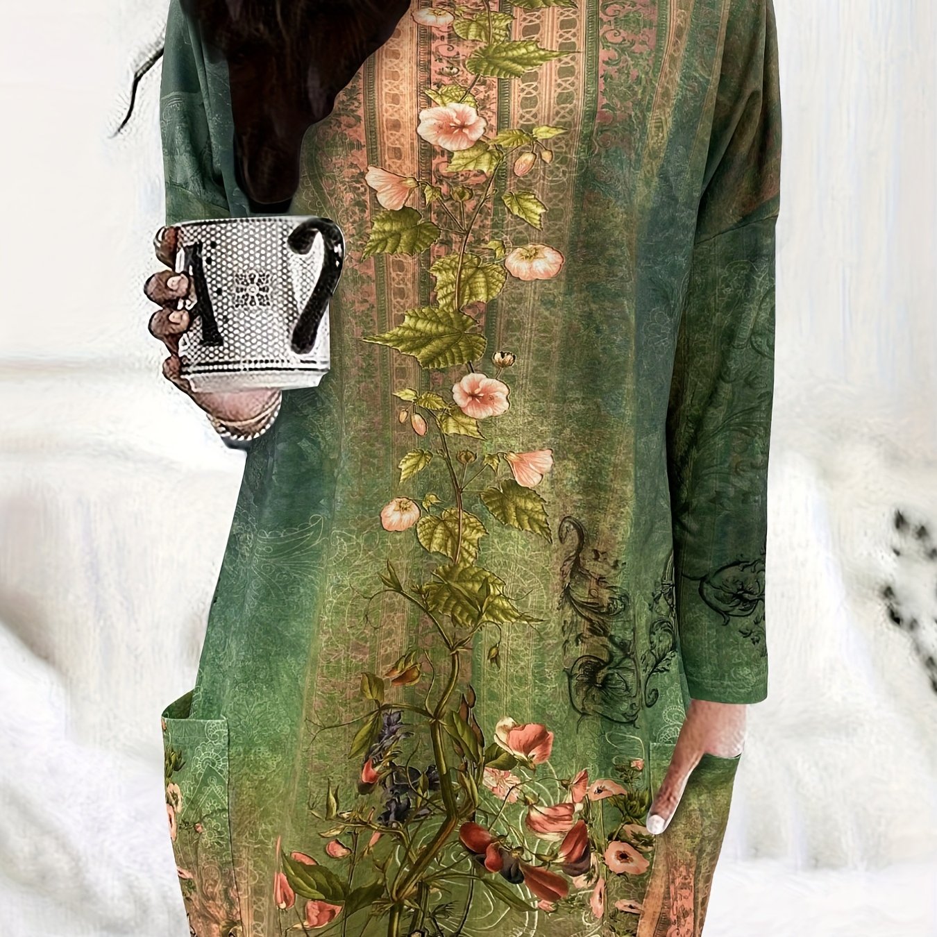 Vintage Floral Mini Dress Long Sleeve Crew Neck Women's Clothing