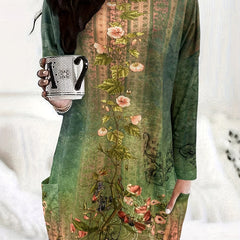 Vintage Floral Mini Dress Long Sleeve Crew Neck Women's Clothing