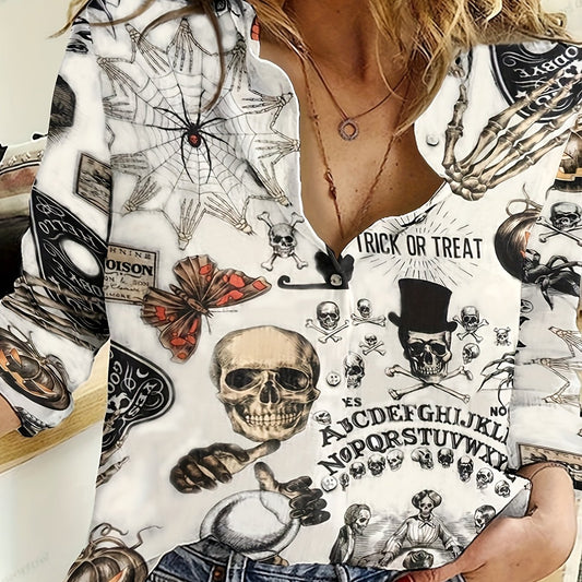 Gothic Blouse Skull & Butterfly Print Button Up Shirt