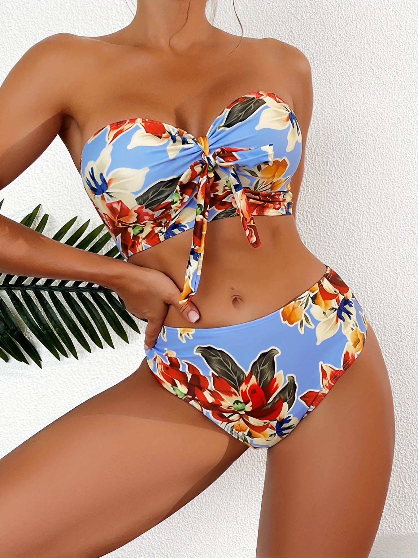 Floral Print Bandeau Bikini Set Tie Front Tube Top
