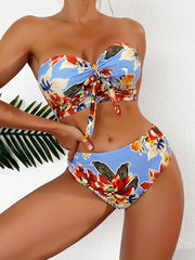 Floral Print Bandeau Bikini Set Tie Front Tube Top