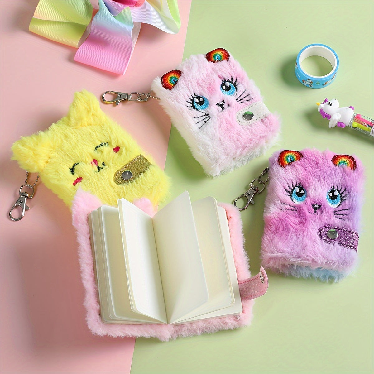Plush Cat Diary Keychain Notebook - Turmeric Light Purple Pink