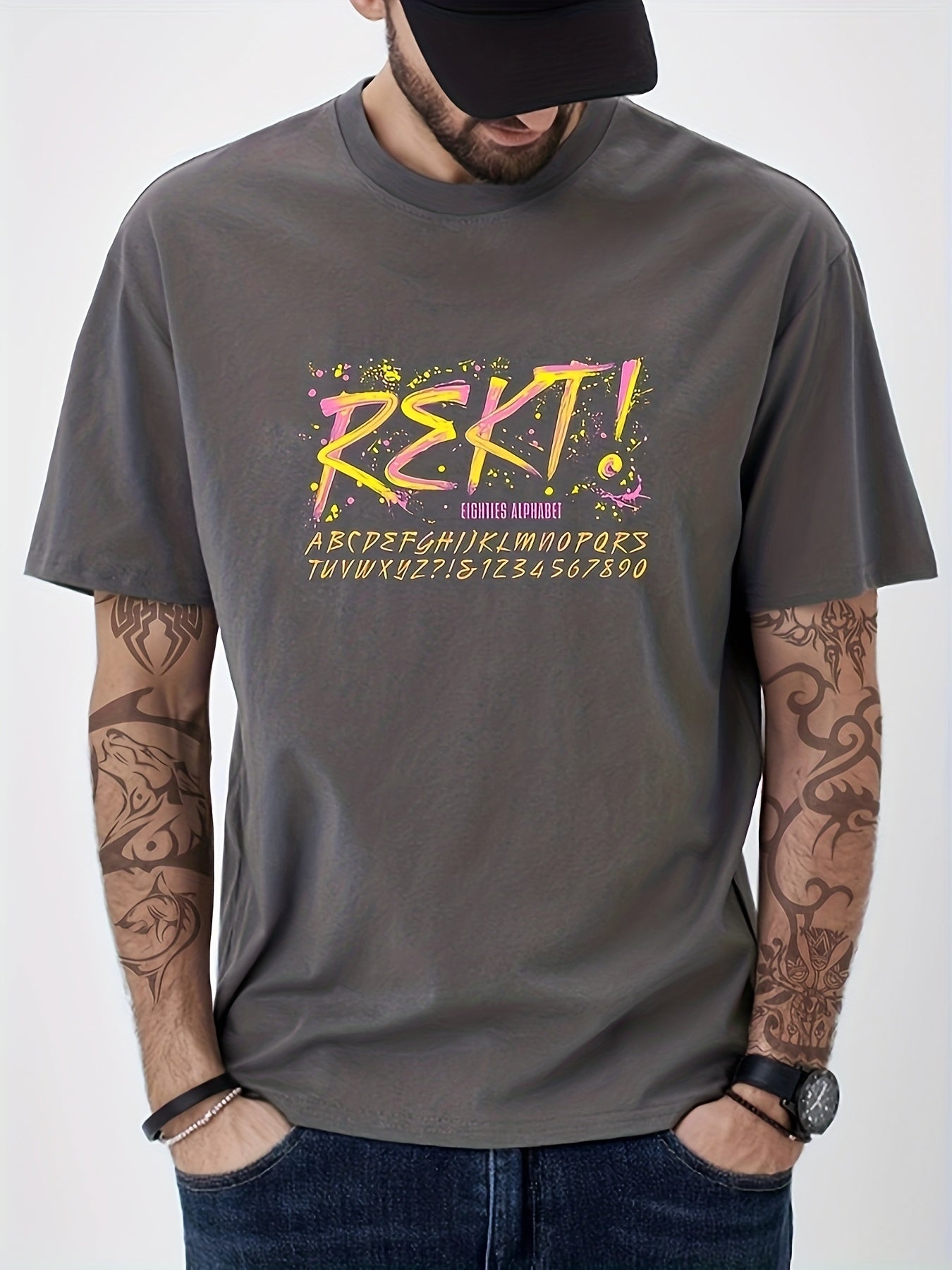 Men's Cotton Letter Print Graphic Crew Neck T-shirt for Summer