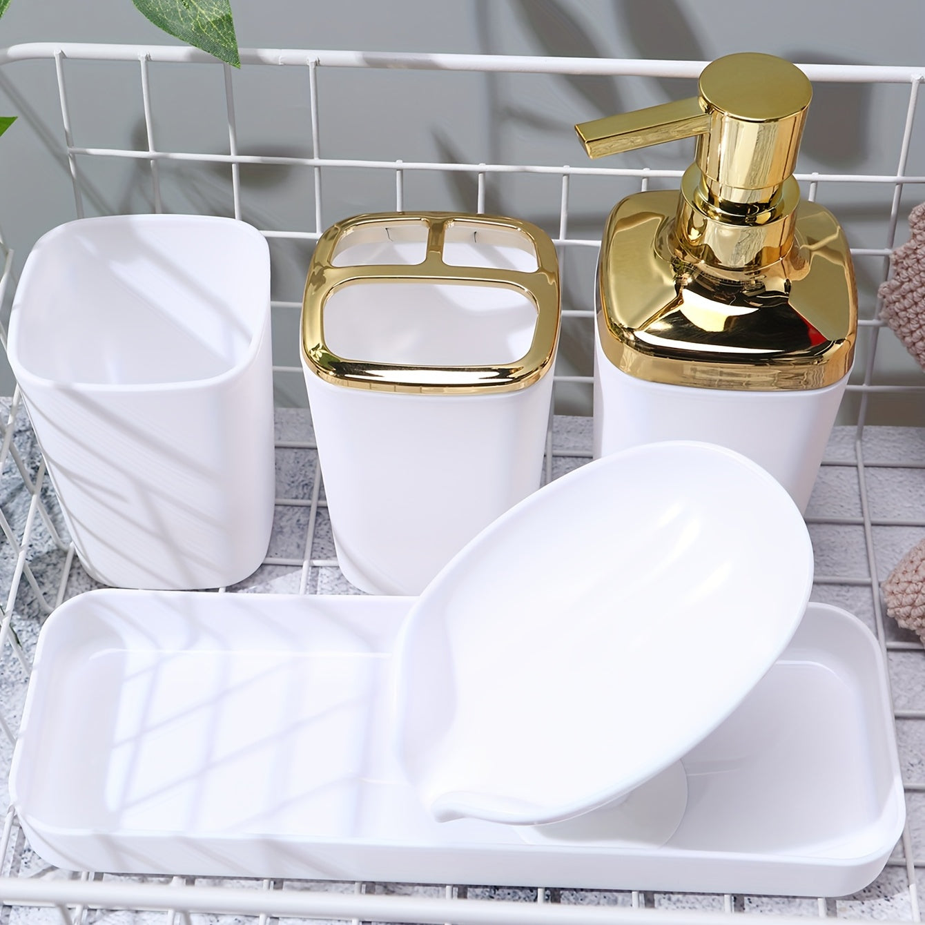 5pcs Bathroom Accessory Set: Lotion Dispenser, Soap Dish, Toothbrush Holder, Cup