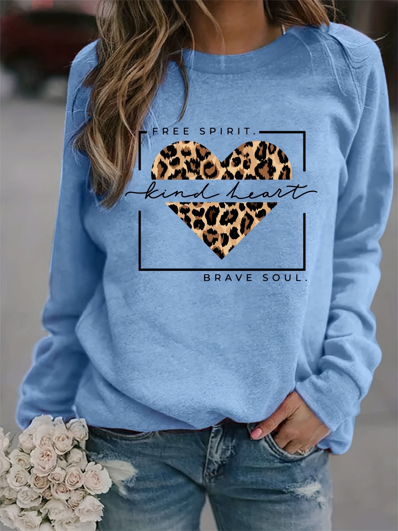 Kind Heart Print Sweatshirt Casual Crew Neck Sweatshirt Women's Clothing
