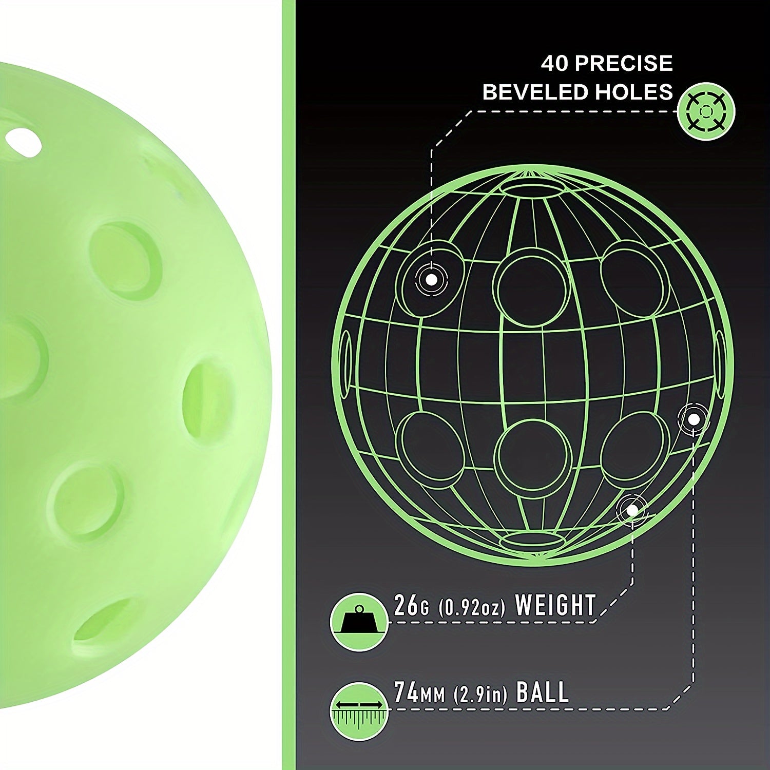 3pcs Luminous Pickleball 40 Holes Outdoor Pickleball With Net Bag