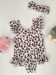Leopard Print Swimwear With Headband Girls Bathing Suit Summer