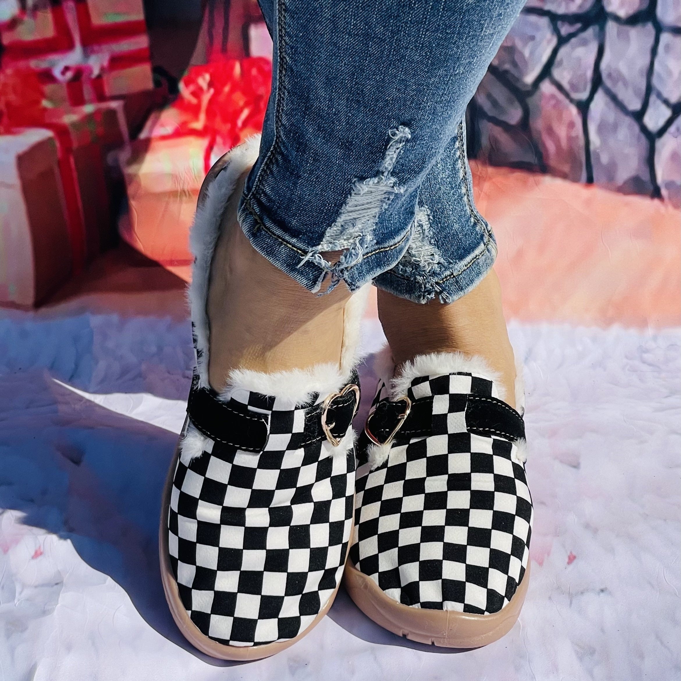 Women's Plaid Furry Slip On Shoes Warm Comfortable Lightweight
