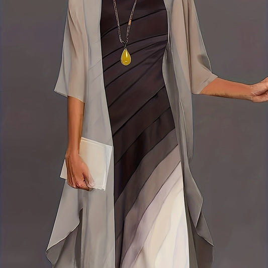 Spring & Fall 2pc Set Long Cardigan & Midi Dress Outfit