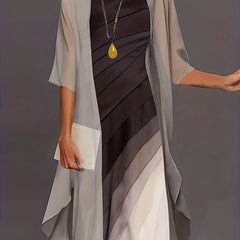 Spring & Fall 2pc Set Long Cardigan & Midi Dress Outfit