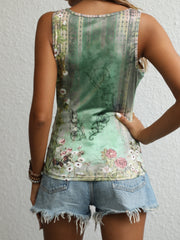 Floral Print Notched Neck Tank Top Vintage Button Front Sleeveless Top