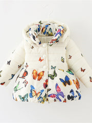 Girls Butterfly Print Padded Jacket Hooded Cotton Jacket