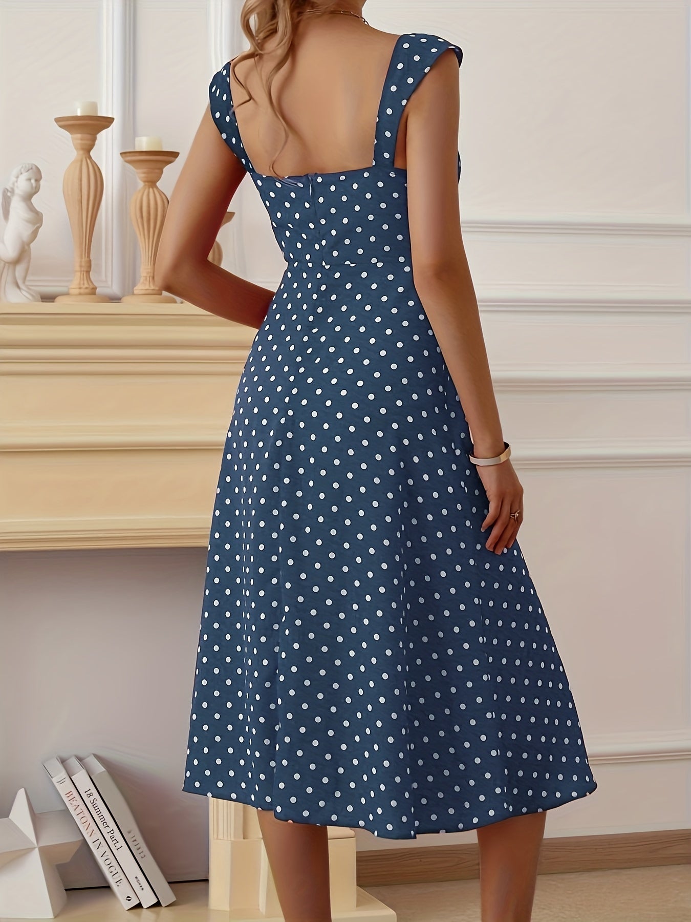 Polka Dot Split Thigh Dress Ruched Thick Strap Sexy Women's Clothing