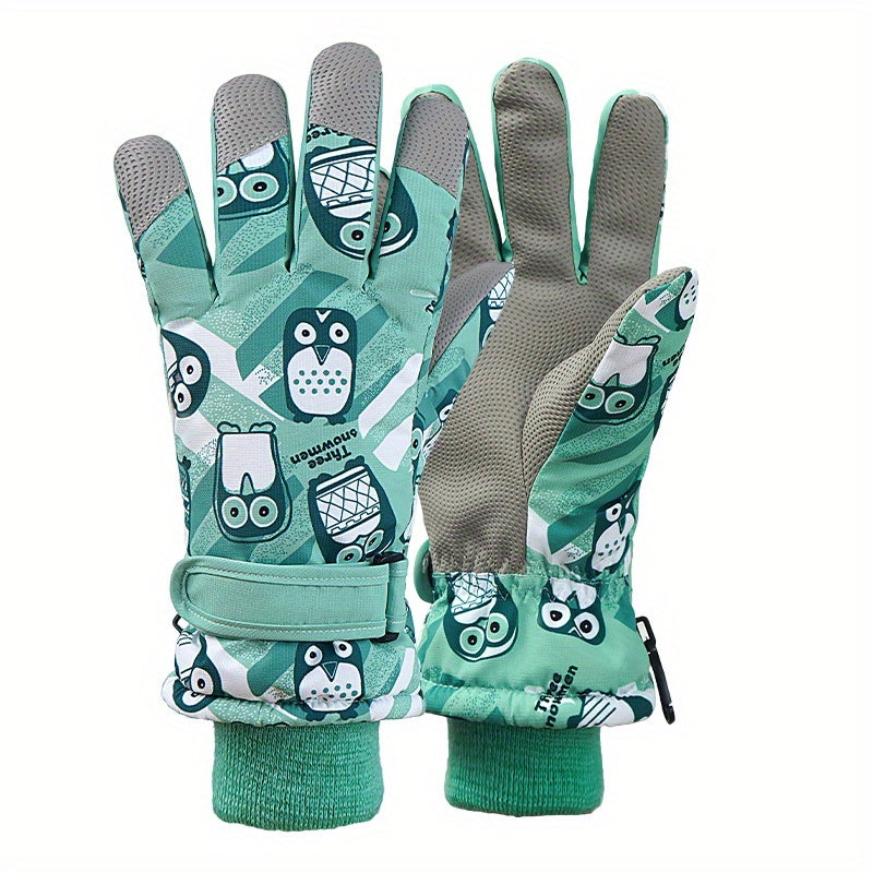 Kids Cartoon Waterproof Winter Gloves for Riding & Skiing, Ages 7-14