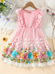 Toddler Girls Sleeveless Ruffle Trim Floral Embroidery Mesh Princess Dress