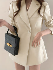 Solid Button Front Lapel Blazer Long Sleeve Pockets Blazer